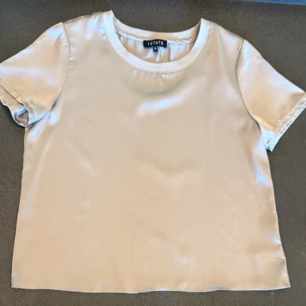 1. State Women's Short Sleeve Satin Top in Sage Green size Small